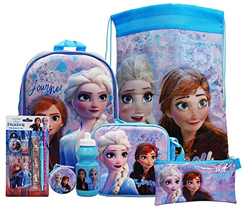 Frozen 7PC Back to School Bundle - inc 3D Backpack, Drawstring Sports Bag, 3D Insulated Lunch Bag, Water Bottle, Coin Pouch, Pencil Case & Stationery Set.