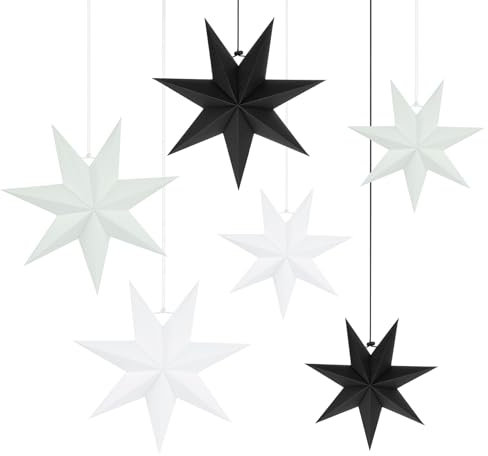 Mocraft 6 Stück Faltsterne Weihnacht Ornamente Papier Stern Weihnachtsstern Deko Weihnachtsbaum, Hochzeit, WohnzimmerWeihnachten Geburtstags Party Dekoration(Schwarz & Weiß & Grau)