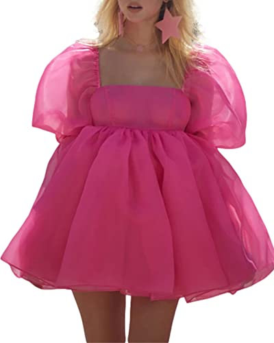 Springcmy Mini robe d'été à volants et manches bouffantes en tulle et col carré pour femme, rose, S
