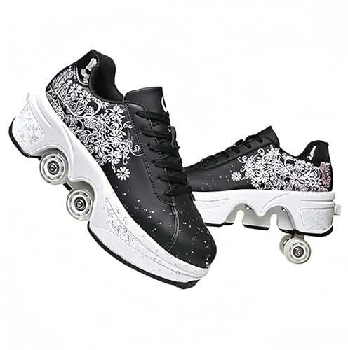 Roulette Rollschuhe Mädchen, Sneakers Roller Skateboardschuhe Sneakers mit Rädern Sport Gymnastik Mode Mehrzweck-Kick Roller Schuhe für Jungen Mädchen, Blume Rosa Schwarz, 40 EU
