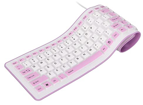 Goshyda Faltbare Silikon-Tastatur, USB-Kabel, wasserdichte, Weiche Silikon-Rollup-Tastatur, 103 Tasten, Faltbare, Leise Tastatur, für PC-Laptop-Notebook-Computer, Farblos(Lila)