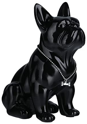 SHENGTIAN Französische Bulldogge Deko Statue – Harz Hundeskulptur mit Silber Halskette – Deko Figur für Wohnzimmer, Büro, Flur und Schlafzimmer(Schwarz,23cm)