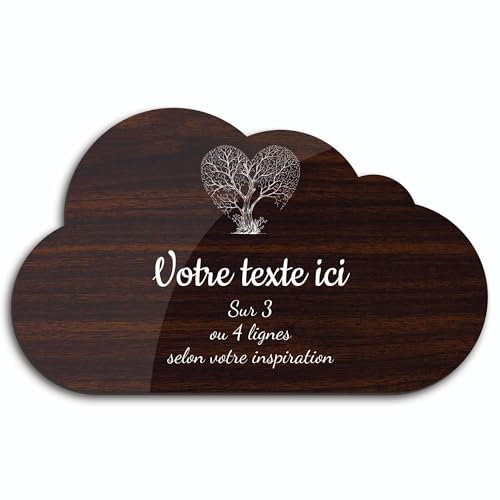 Graviertes Schild mit Baum und Herz, selbstklebend, Wolke, 20 x 12 cm, personalisierbar, 1 bis 3 Zeilen, Holz