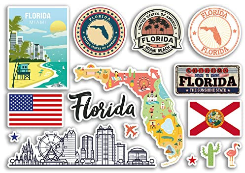 A5 Aufkleberbogen Florida Sehenswürdigkeiten Vinyl Aufkleber – Amerika Staaten USA American Airport Briefmarken Skyline Flagge Karte Reise Urlaub Scrapbooking Stadt Gepäck #79183