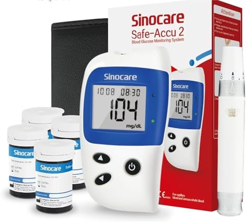 Sinocare Blood Sugar Test Kit, Blood Sugar Monitoring System Safe-Accu2, Upgraded Chip Diabetes Testing Kit, Large Screen & Memory Capacity & Light Design- in mmol/L, include 100 Strips