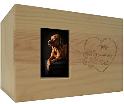 petbye Holz Haustierurne mit Fotorahmen - 16x11x11 cm Natur Dekorative Echtholz Asche Urne für Haustiere Hunde Katzen mit Pfoten Gravur und Platz für Foto P-14929