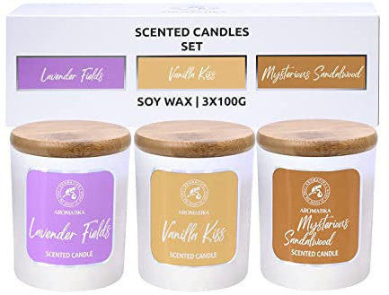 Aroma Kerze Lavendel - Vanille - Sandelholz - Duftkerzen Set 3x 100 g - Aromatherapie Sojawachs Kerzen - Aroma Kerze mit Ätherischen Ölen - Vanilleextrakt - Kerze für Hause - Idee für Geburtstag