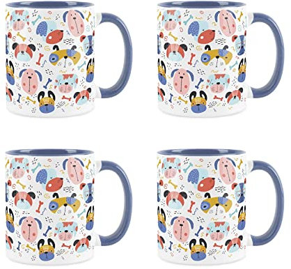 Purely Home Cartoon Dog Mugs Set - Novelty Colourful Dog Faces - Ceramic Tea/Coffee Blue Cup Gifts for Dog Owners Set of 4