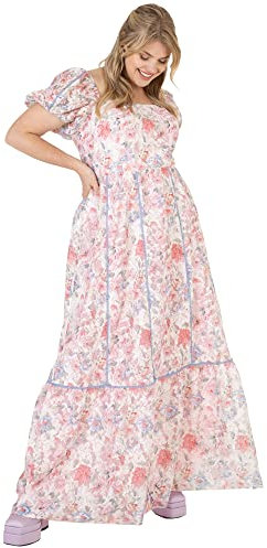 Lovedrobe Damen Ladies Plus Size Summer Maxi Dresses for Women Flowers Short Sleeve Frilly Pull On Curve Lace High Waist Square Neck Kleid, Baby Pink, 52 EU