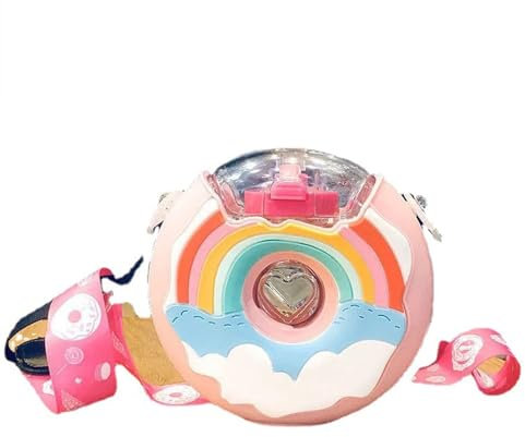 Cute Water Bottles, Donut Water Bottle with Straw for Kids Sports Cup Kawaii Drink Bottle with Shoulder Strap for Outdoor(Pink)
