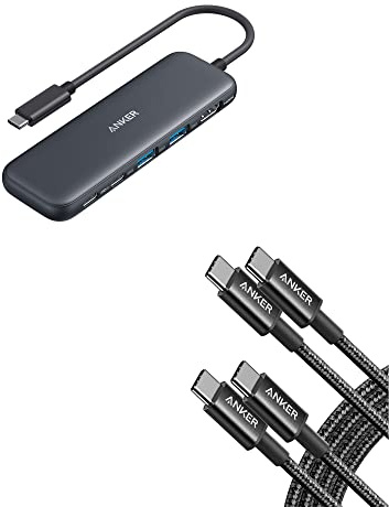 Anker USB C to USB C Charger Cable, New Nylon USB-C to C Cable (6 ft, 2-Pack), 60W (3A) & USB C Hub, 5-in-1 USBC to HDMI Splitter with 4K Display