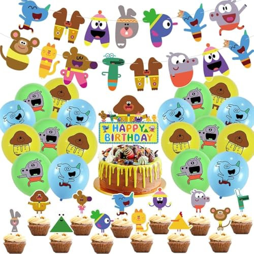 Sovanna Hey Duggee Birthday Party Supplies: Banner, Cake Toppers, Cupcake Balloons in Brown, Green