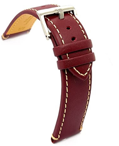 diloy Sportliches flaches Uhrenarmband aus glattem Rindsleder mit weißer Naht – Größen 14mm 16mm 18mm 20mm 22mm 24mm – Elegant und widerstandsfähig 373 Bordeaux 18mm