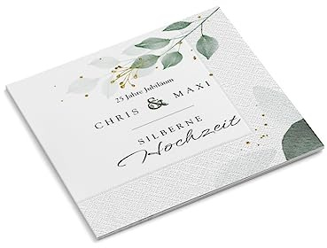 Servietten personalisiert mit Wunschtext | Silberne Hochzeit | Blätter grün | 330 x 330 mm | Feier | Jubiläum | Tischdeko | Papierservietten | Menge wählbar (120 Stück)