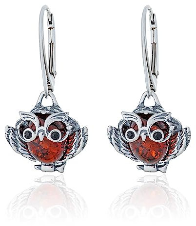 AMBEDORA Damen Silber Weise Eule Ohrringe mit Bernstein, Oxidiertes Sterling Silber, Baltischer Bernstein in Cognac Farbe