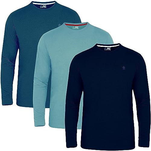 JRC Just Royal Clothing Pack of 3 Mens Long Sleeve Crewneck T-Shirts, Casual Round Neck Tops (Navy, Stone Blue, Mid Night, L)