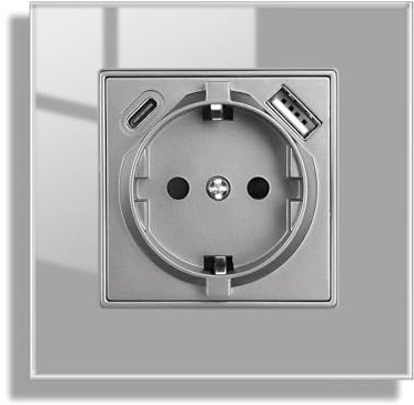 JIMEIDA Glas Steckdose mit USB Grau Unterputz, USB A und Typ C Port max.2.1A, 16Amp Gehärteter Glasscheibe Steckdose 86mm*86mm,1 Fach,250V