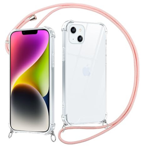 Xylota Coque Avec Cordon Pour iPhone 13 Mini 5,4, Etui Avec Collier Réglable Tour de Cou Lanière Corde Lanyard, Transparente Silicone Souple TPU + PC Case Antichoc Protection Housse Cover,Or Rose
