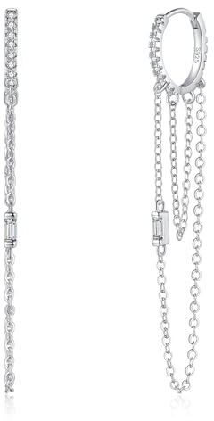 Loutade Silver Chain Hoop Earrings with Tassel, Simple Cartilage Sleeper Hoop Tassel Dangling Drop Earrings