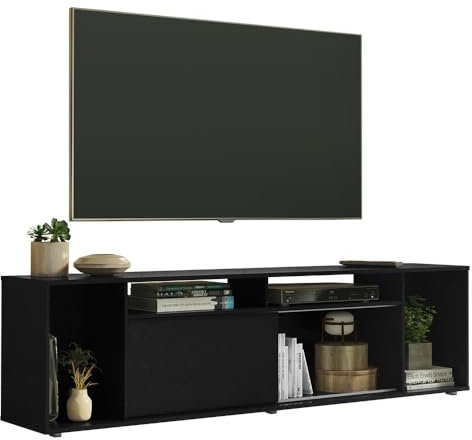 Madesa Centre de divertissement avec 1 porte coulissante et 5 étagères, meuble TV pour téléviseurs jusqu'à 203,2 cm, bois, 50,8 x 35,6 x 180,3 cm (H x P x L) - Noir