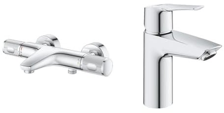 GROHE Precision Feel - Thermostat-Wannenbatterie & QUICKFIX Start - Einhand- Waschtischarmatur (wassersparend, S-Size, inkl. 3-in-1 Montagewerkzeug, schnelle Befestigung), chrom, 31137002