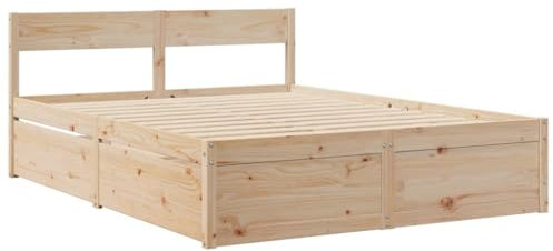 vidaXL Cadre de Lit Double avec Tiroirs 140x200 cm en Bois de Pin Massif - Meuble de Chambre à Coucher avec Sommier et Rangement