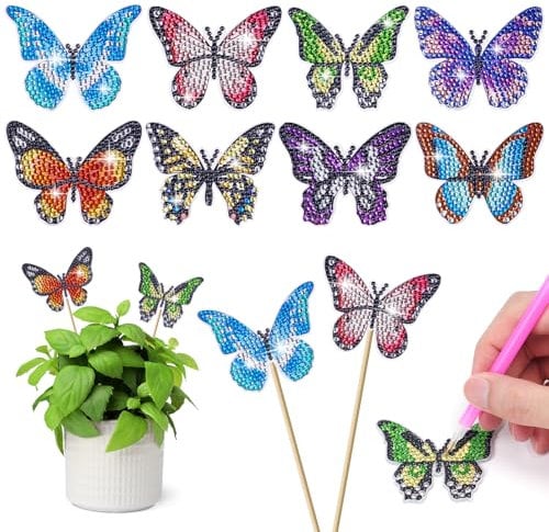 AUAUY 8 Stück Diamond Painting Schmetterling Sets, Gartenstecker Diamond Painting Kinder Erwachsene Gartendekoration für Draußen und Drinnen Balkon Deko, Basteln für Kinder Diamont Painting Geschenk