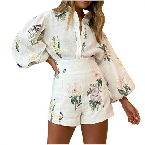 Womens Co Ord Sets Womens 2 Piece Clothes For Women Floral Printed Casual Style Shirt Set Sportswear Long Sleeved Tops High Waist Shorts Linen Set Matching Set Activewear Womens Joggers