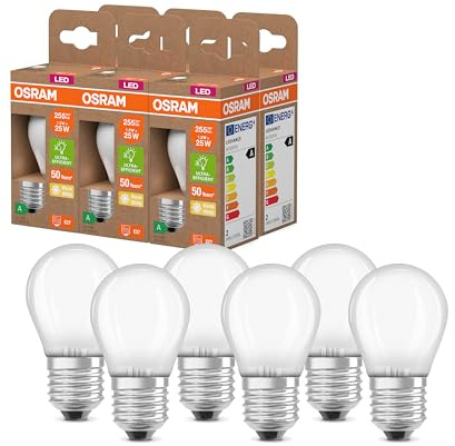 Osram LED-Lampe in klassischer Miniballform, mit dekorativem LED-Filament im Frosted Design, Energieeffizienzklasse A, E27, 1.2 W, 255 lm, 2700 K, warmweiß. Ohne Aufwärmen, 6-Pack