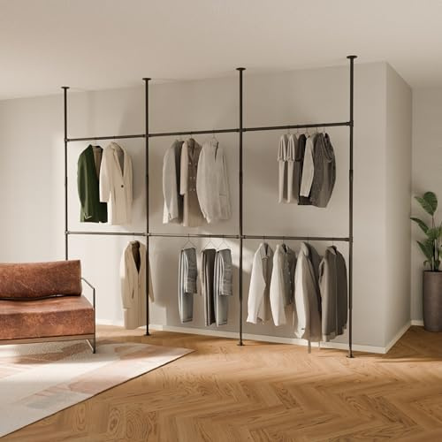 pamo Teleskop Kleiderstange 298 x 220-300 cm | Höhenverstellbarer Raumteiler Offener Kleiderschrank robuster Kleiderständer - Ohne Bohren, stabiler Stand