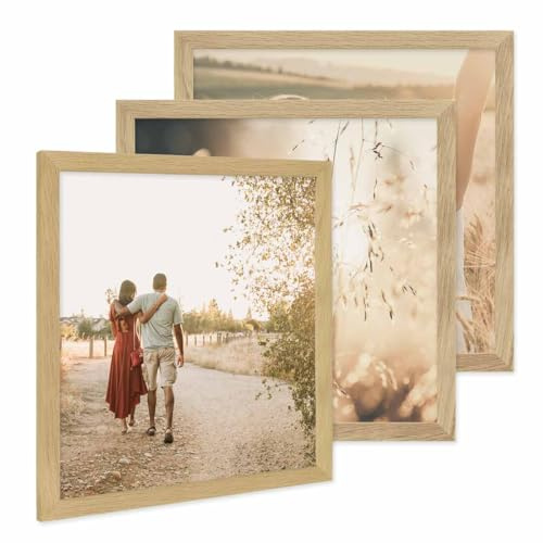 PHOTOLINI Bilderrahmen 40x40 cm Eiche Massivholz, breite Rahmen, 3er Set, modern, bruchsicheres Acrylglas, zum Aufhängen, extra Zubehör - für Ihre stilvolle Wanddekoration