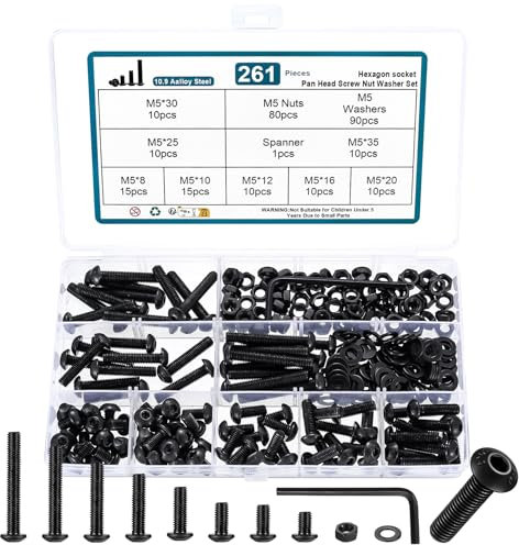 261 Pz Set di Viti Bulloni e Dadi, m5 Bulloni a Testa Esagonale Tonda, Viti e Dadi e Rondella, Viti e Bulloni e Dadi Set, Dadi e Bulloni Viti a Testa Esagonale, Bulloni a Testa Brugola Nero