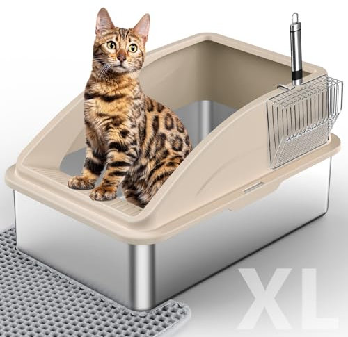 FURTIME Stainless Steel Cat Litter Tray Beige with Detachable Enclosure, 31cm High Sided Cat Litter Box Anti-Spillage and 60cm Extra Large Litter Tray with Lid for All Cats, with Litter Scoop & Mat