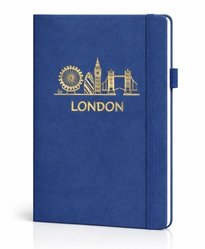 Premium A5 Thermo PU Leather Journal Notebook, London Souvenir Skyline Blue Notebook, 192 Pages, Pen Loop, Rear Pocket & Bookmark, London Eye, Big Ben & Tower Bridge Travel Notebook, Blue