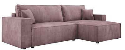 Ecksofa Mit Bettkasten POSO XL Hochwertige L-Form Couch Mit Schlaffunktion, Cordstoff, Wellenfedern, Universelle Ottomane, Komfortabel Und Abriebfest | Poso 27 | 274x143x83 cm Farbe: Schmutziges Rosa