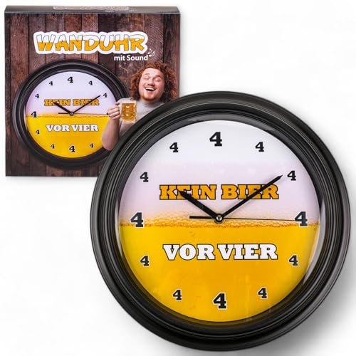 MIJOMA Wanduhr mit lustigem Design-Ziffernblatt und Biersound – Ø 32 cm – Runde Quarzuhr mit analoger Zeitanzeige und stündlichem Sound – Batteriebetriebene Sound-Uhr aus Kunststoff