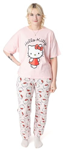 Hello Kitty Damen Pyjama Set | Erwachsene Kitty Weißes kurzärmeliges Oberteil mit Grafik und Pyjamahose mit langem Bein in Rosa | Damen süße Kätzchen Charakter