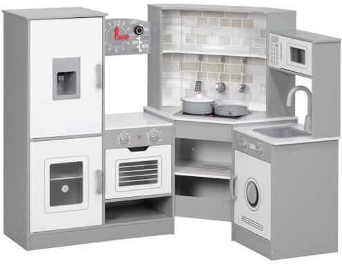 AIYAPLAY Cocina de Juguete para Niños +3 Años Cocina de Madera Infantil Esquina con Sonido Fogón Horno Grifo Fregadero Microondas Lavadora Máquina de Hielo y Accesorios de Cocina Gris