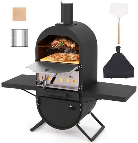 GYMAX Forno per Pizza da Esterno, Forno per Pizza a Legna con Pietra, Pala, Griglia di Cottura, Termometro e Copertura, Forno per Pizza Autoportante con 2 Ripiani Laterali per Campeggio, Giardino