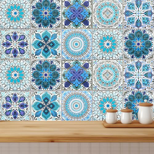 20 Pezzi Adesivi per Piastrelle Blu da 10x10 cm, Adesivi per Piastrelle Bagno in Mosaico in PVC, Adesivi Piastrelle Cucina in Stile Marocchino, Adatti per Decorare da Cucina Bagno Camera da Letto