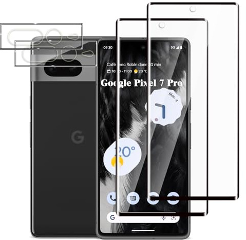 Jinshiweikai 4 Piezas: 2 x Protector Pantalla para Google Pixel 7 Pro y 2 x Protector Pantalla Protector de Lente de Cámara, 3D Cobertura Completa, Dureza 9H Antiarrayazos, HD Ultraclaro