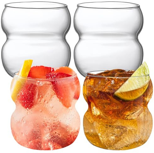 Juego de 4 vasos de burbuja, 380 ml, vasos acanalados, vasos de café helado, vasos de cóctel hechos a mano
