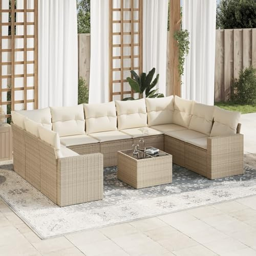 Brokky 10-TLG. Garten-Sofagarnitur mit Kissen Outdoor Sitzgruppe Lounge Set Balkon Outdoor Furniture TerassenmöBel AußEn Lounge Beige Poly Rattan / 3251745