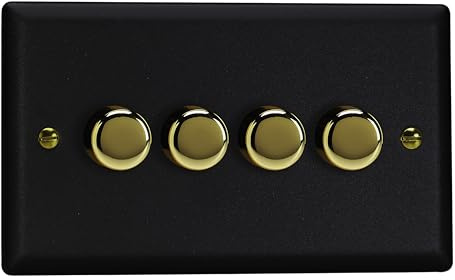 Varilight 4-Gang V-Pro Rotary 2-Way LED Dimmer 4 x 0-120W - Vogue Matt Black With Polished Brass Knob, JYDP254V.MB