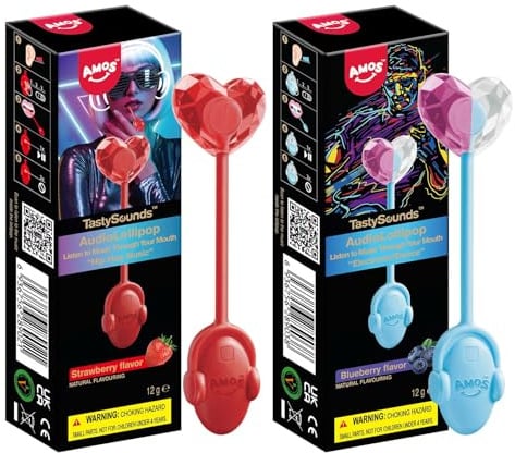 AMOS Music Audio Lollipop Lutscher Zuckerfrei, 2 Stk (Erdbeere/Blaubeere) | Zuckerfreie Lutscher mit Knochenschall-Audio. Musik im Mund erleben – ideal als Geschenk für Kinder & Party-Gag.