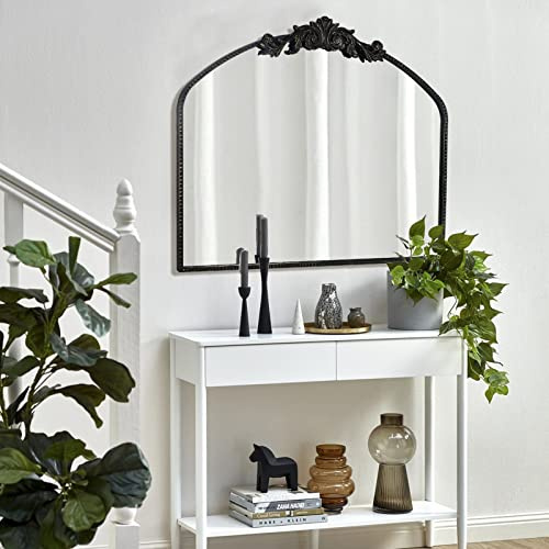 G-LEAF Antik Wandspiegel Schwarz Bogenspiegel - 101x76 cm Vintage Barockspiegel mit Krone, Robuster Metallrahmen Wanddeko für Schlafzimmer, Schminktisch & Eingangsbereich