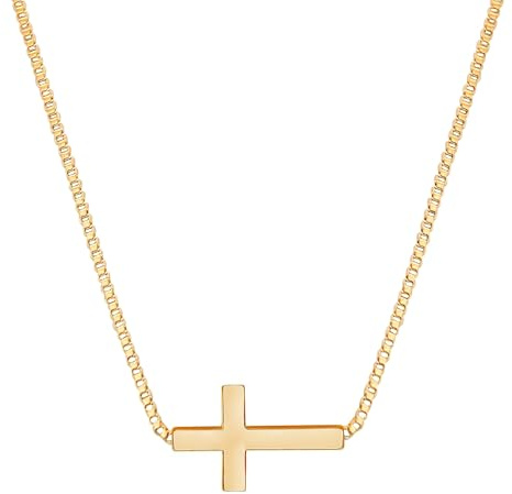 Flongo Kreuz Halskette für Damen: Gold Seitliches Kleines Kreuz Anhänger - Edelstahl Kette 42cm+5cm Verlängerung - Christlicher Schmuck für Frauen Mädchen - Taufe Konfirmation Geschenk