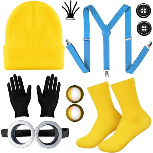 Humairc Karneval Kostüm Cosplay Kostüm Karneval Mütze Cosplay Brille Handschuhe Hosenträger Socken Karneval Kostüm Damen Herren Kinder (Gelb)