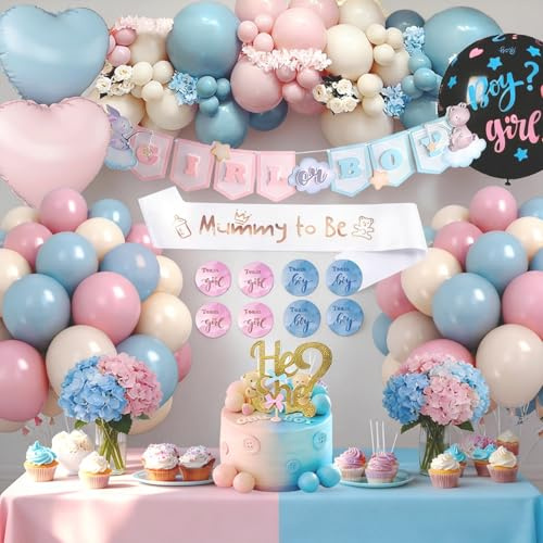 Gender Reveal Party Decoration, Baby Shower Decoration Filles Garcon, Arche de Ballon Rose et Bleu, Boy or Girl Lettre Bannière, Ballons de Confetti pour Révélation de Genre Decoration
