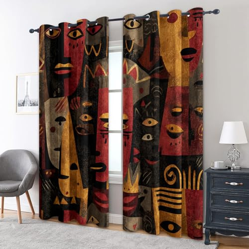 Generisch Blickdichte Vorhänge Afrika Motiv, Verdunklungsvorhänge mit Ösen H 220 x B 140, 2er Set, Böhmen Stammesethnisch Gardinen Wohnzimmer Schlafzimmer Deko, Thermovorhang MT378